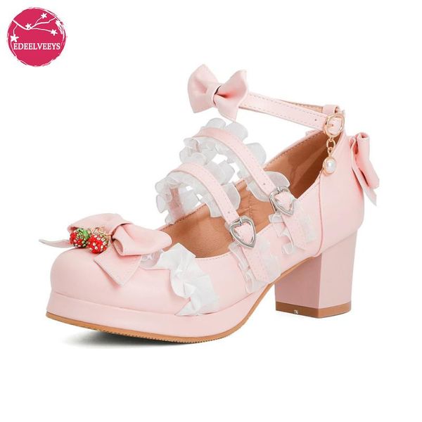 

dress shoes women fashion sweet bownot lolita block heels strawberry ankle strap platform lace men maid mary jane pumps big size 34-48, Black