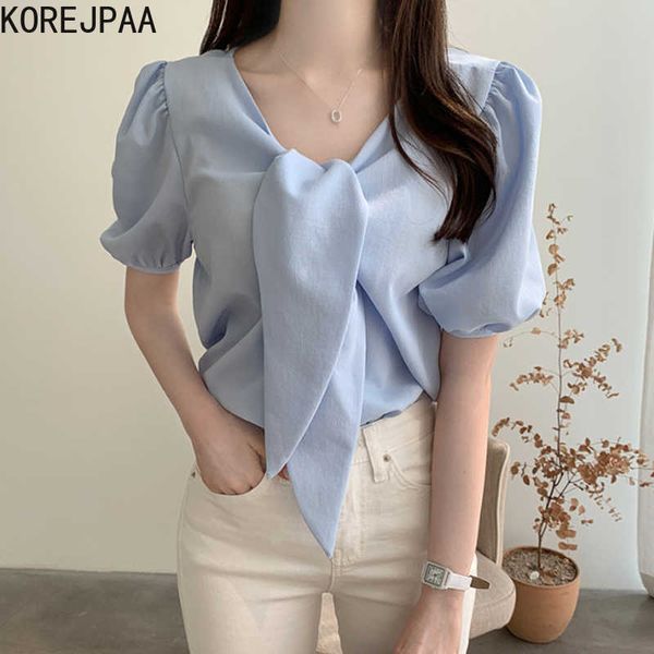 KOREJPAA Mulheres Camisa Verão Coreano Coreano Temperamento V-Pescoço Macio Macio Azul Branco Branco Grande Torção Projeto Solto Spruff Sleeve Blusas 210526