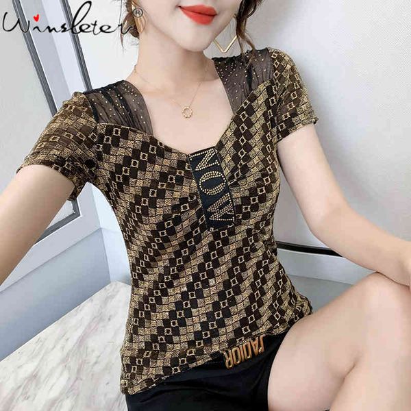 

women's t-shirt summer korean style chic patchwork lace shiny diamonds letter women cotton bottoming shirt tees 2021 t14, White