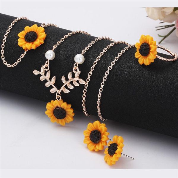 

earrings & necklace 5pcs/set fashion sunflower jewelry set women creative imitation pearl flower pendant stud earring ring bracelet, Silver