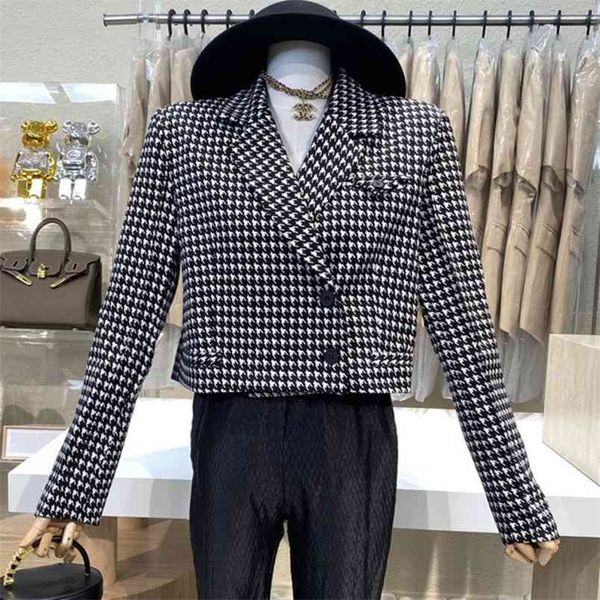 

spring summer women's coat vintage houndstooth short jacket korean fashion casual long-sleeved copped outwear 210514, Black;brown