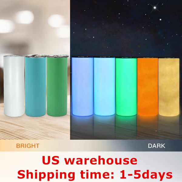 ABD nakliye! 20 oz Düz Süblimasyon Glow Tumblers Beyaz Parlaklar Kırmızı Sarı Yeşil Mavi Karanlıkta Paslanmaz Çelik Su Şişeleri Çift Yalıtımlı İçme Bardak A12