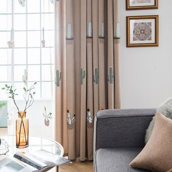 

simple and modern cactus cotton linen brushed embroidery curtains for bedroom living room blackout custom curtain & drapes
