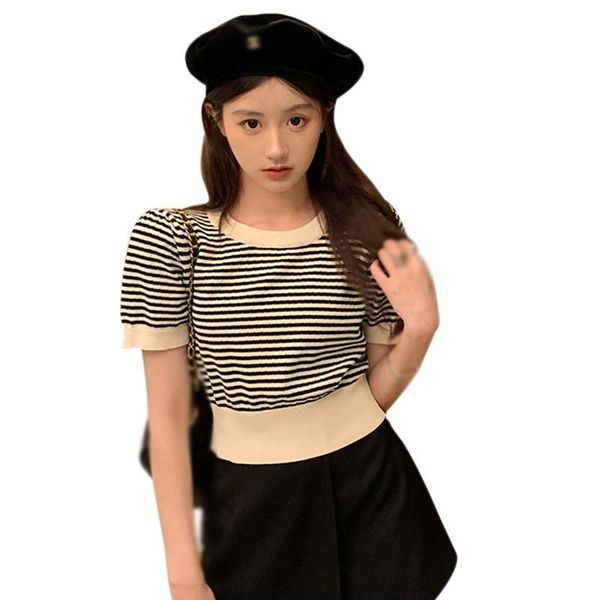 

women's t-shirt women o neck striped t shirt casual sweet slim fit summer short sleeve tee exposed navel knitted streetwear, White