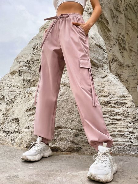 

flap pocket side knot front cargo pants w7wr#, Black;white