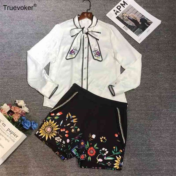 

truevoker summer runway short set suit female full sleeve print sequins white shirt with black two piece 210602