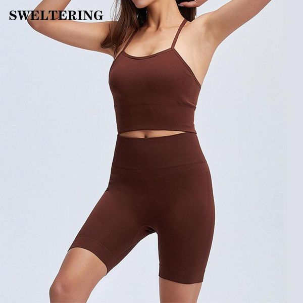 

yoga outfit 2 piece workout shorts set ribbed gym seamless women sets sports bra and short fitness clothing suits
