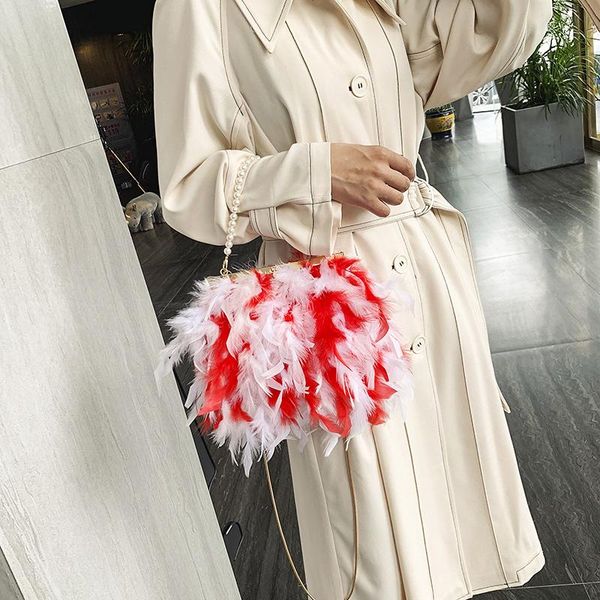 

evening bags luxury leather women handbag pearl chain turkey feathers shoulder bag ladies day clutch party crossbody