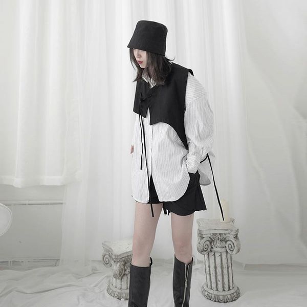 

women's vests yamamoto style women loose v neck black short niche sense of design 2021 summer fashion irregular vest t061, Black;white