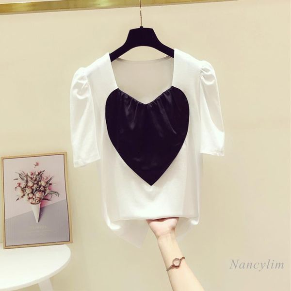 

women's t-shirt contrast color heart-shaped v-neck short sleeve 2021 summer korean style puff tee white black