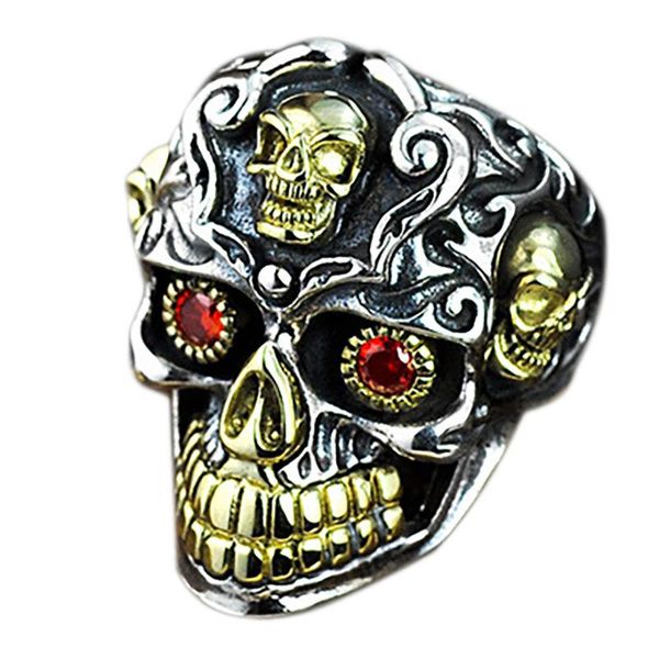 

cluster rings gothic punk men's skull ring retro personality red cz inlaid accessories motorcycle jewelry gift, Golden;silver