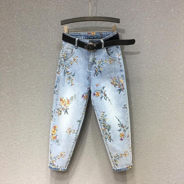 

women's jeans spring autumn women denim pants loose high waist flower printing painting ankle-length patchwork dabby corss-pants, Blue