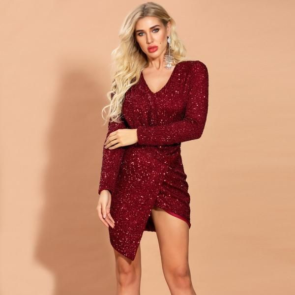 

casual dresses gold sequined evening partydress slit irregular mini women dress celebrity red night club goddess fashion spring, Black;gray