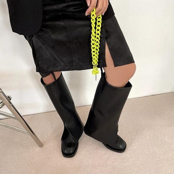 

boots brand women's knee high chunky heels slip on trouser fashion street 2021 autumn designer ladies shoes, Black