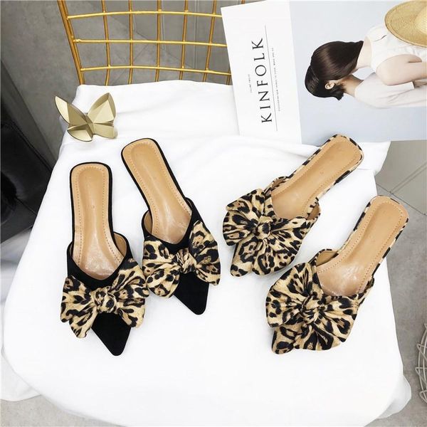 

women slippers pointed toe leopard bow mules shoes slip on fashion outside shallow beach slides flats heeled size 35-40, Black