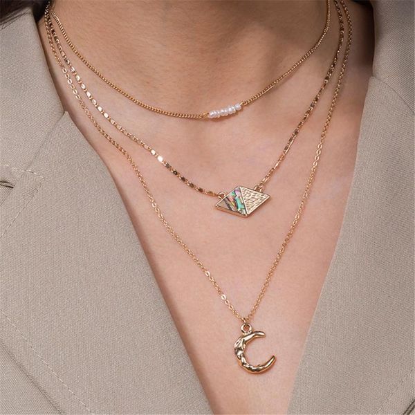 

pendant necklaces vintage fashion boho gold artificial pearl geometric art moon necklace for women 2021 multilevel chain choker jewelry gif, Silver