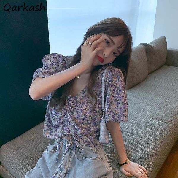 

women's blouses & shirts short sleeve women shirring all-match floral vintage v-neck harajuku slimming streetwear crop temperament ulz, White