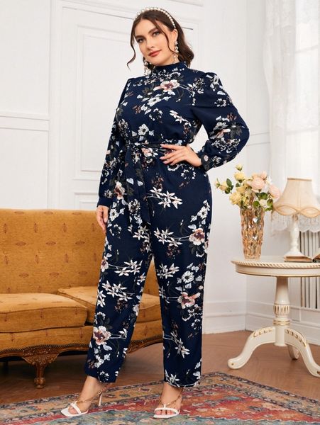 

plus 1pc floral print lantern sleeve belted jumpsuit d29a#, Black