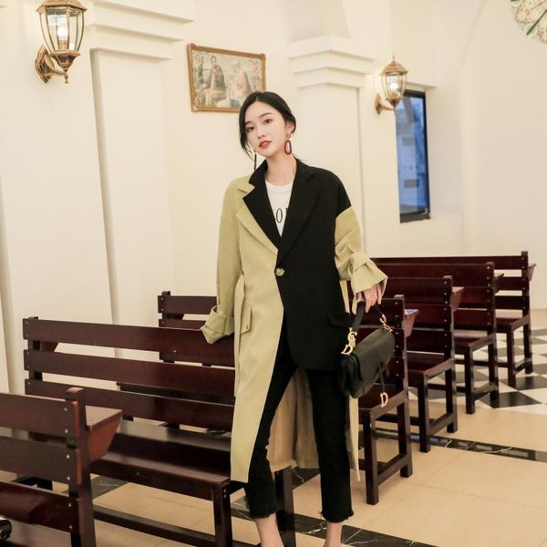 

women's trench coats plus size vintage slim belt irregular suit patchwork coat women 2021 spring loose long sleeve casual windbreaker, Tan;black