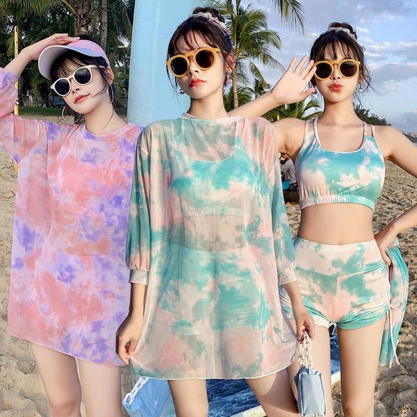 

women's swimwear three-piece swimsuit 2021 boxer briefs casual style geometric pattern sunscreen large size meat-covering, White;black