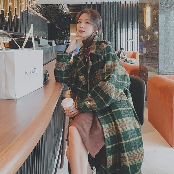 

women's wool & blends cotton thick retro plaid woman's wool coat mid-autumn length and winter korean style loose zbji, Black