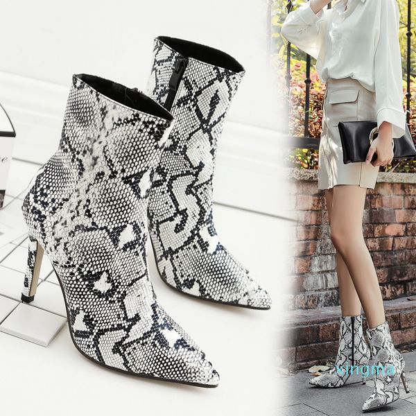 

women pointy toe stiletto snake embossed pu half fashion boots 2021 spring new high heels shoes elegant work style size eu 35-40, Black