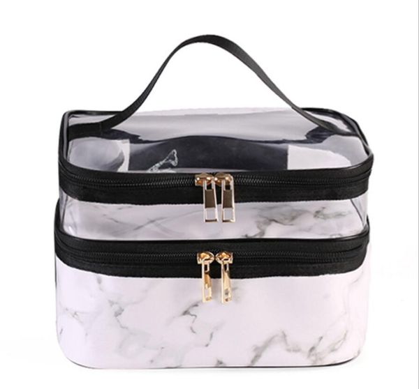 

girls cosmetic bag travel toiletry organizer marble waterproof pvc double layers clear storage makeup bags for men woman