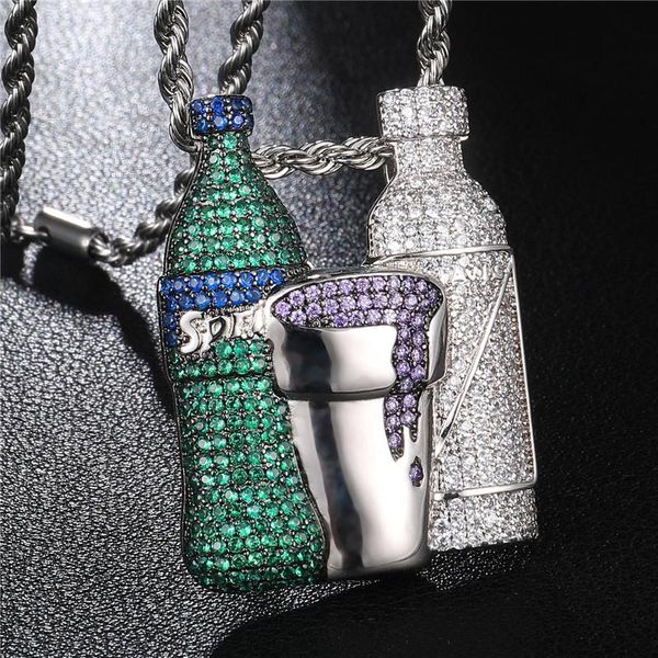 

pendant necklaces hip hop bling iced out sprite bottle cup pendants & crystal zircon shiny wine necklace for men rapper jewelry, Silver