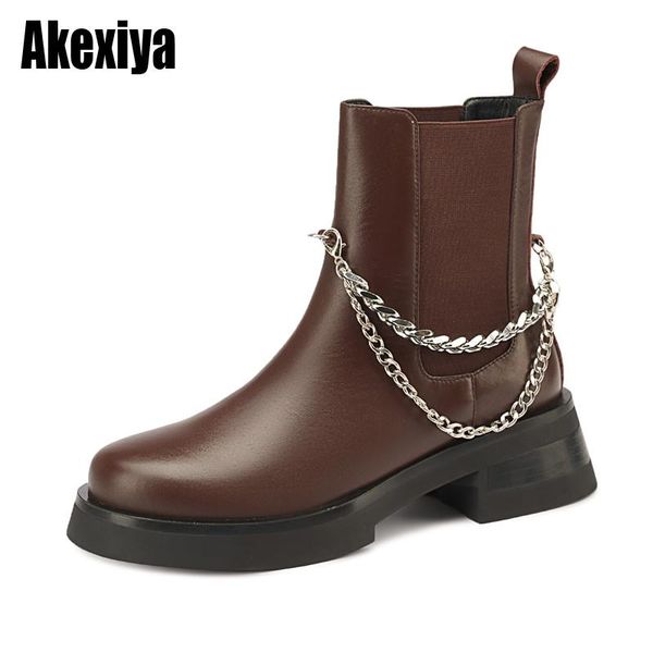 

boots autumn and winter genuine leather chain flat bottom short square head zipper thick heel british women, Black