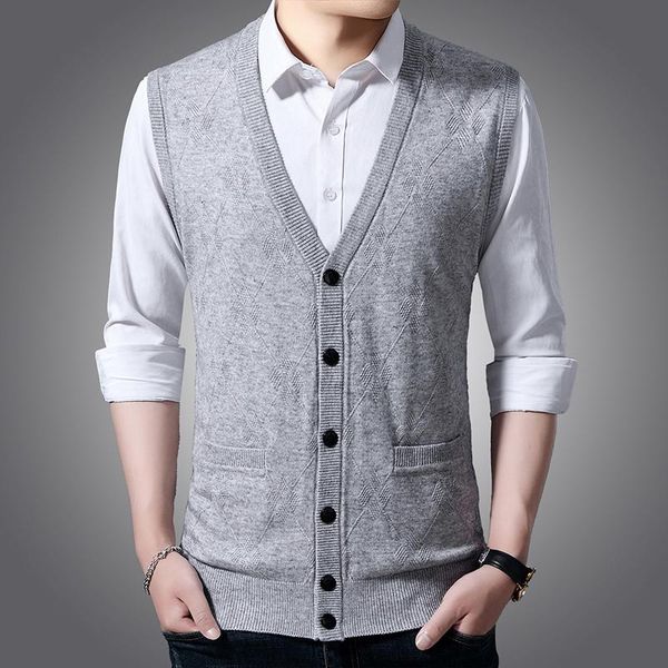 

men's vests wool vest men 2021 autumn winter solid business mens cashmere knitted v-neck single-breasted cardigan, Black;white