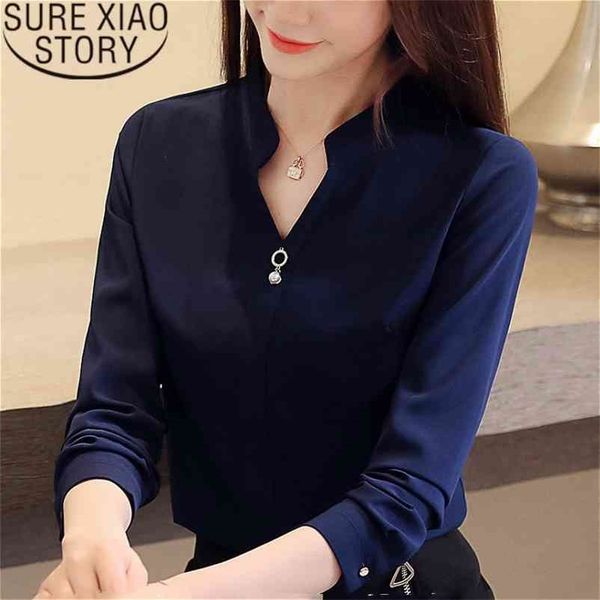 

womens and blouses blusas mujer de moda shirts beading chiffon blouse solid v-neck white shirts 2412 50 210323