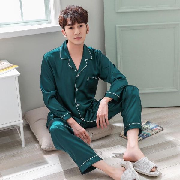 

men's sleepwear solid satin men pajama sets summer full sleeve autumn silk suit casual two-piece pajamas man pyjama xxxl, Black;brown