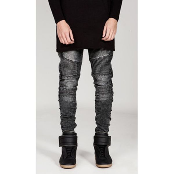 

jean european and american street performance locomotive wrinkles sew thin micro-elastic feet size large male korean jeans fo10, Blue