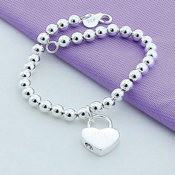 

korean fashion bracelet 925 silver plated 6mm bead hanging heart lock creative women's gift, Golden;silver
