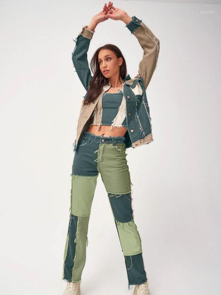 

trend green stitching high waist tight hip women's straight denim trousers fashion patch jeans, Blue