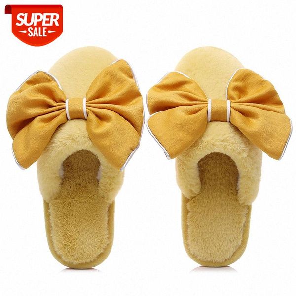 

korean autumn and winter temperament female bowknot plush slippers explosion soft bottom non-slip cotton that can be worn outside #xz01, Black