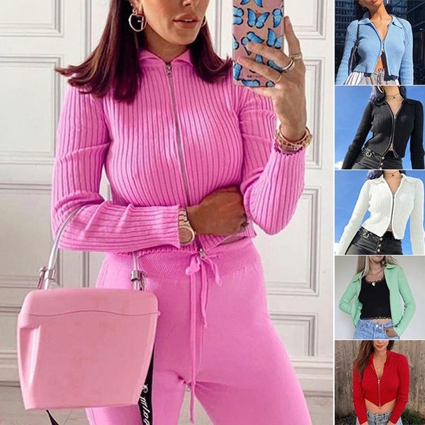 

2 way zip cropped cardigan long sleeve lapel collar ribbed knit sweater fall winter s, White