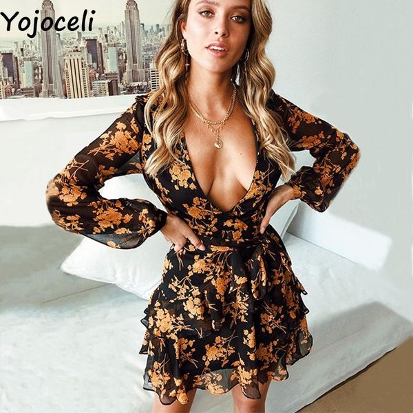 

casual dresses yojoceli floral print ruffle short dress women autumn chiffon party female vestidos winter wrap elegant, Black;gray