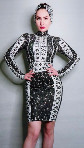 

dress high elastic black white full rhinestones crystals performance costume bar ds birthday party dress, Black;gray