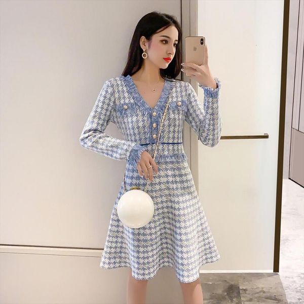 

arrival houndstooth sweater vintage plaid women dress elegant office long sleeve warm tassel knitted dresses vestidos, Black;gray