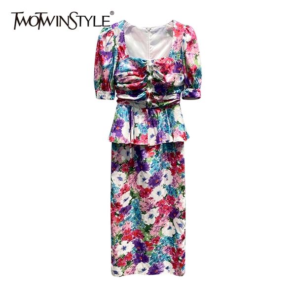

vintage print hit color dress for women square collar short sleeve high waist elegant dresses female fashion 210520, Black;gray