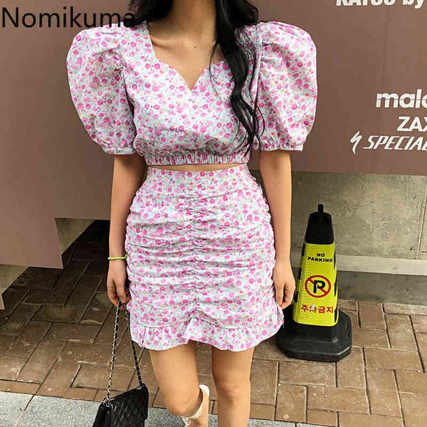 

nomikuma korean sweet two piece set women v neck puff sleeve cropped high waist skirts floral printed chic outfits 210514, White