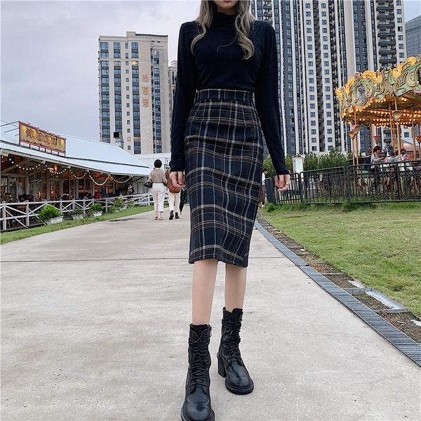 

skirts plaid skirt winter clothing 2021 split female autumn knee length women's high waist slit ladies fashion mini, Black