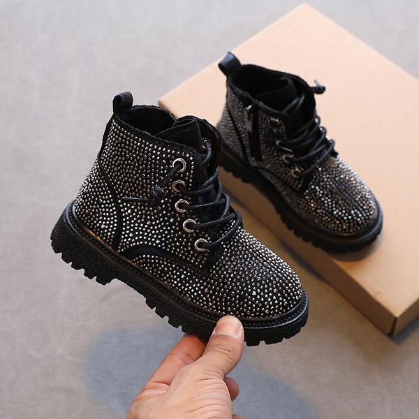 

boots girls shiny rhinestone princess non-slip wear-resistant pu leather kids winter autumn fashion warm shoes, Black;grey