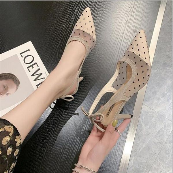 

dress shoes 2021 summer mesh polka dot sandals female tip in her baotou bow, Black