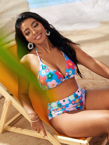 

plus floral halter triangle bikini swimsuit d2vf#, Black