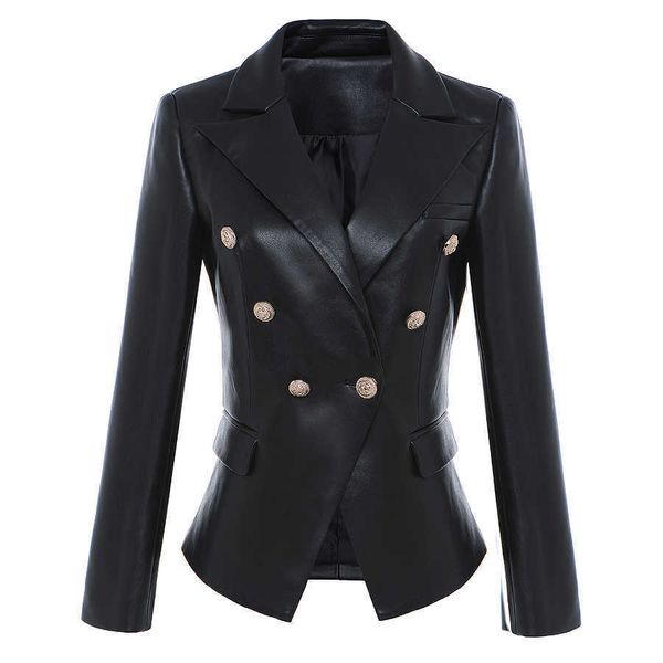 

wholesale-high street baroque fashion designer blazer jacket women's lion metal buttons faux leather blazer outer coat, White;black