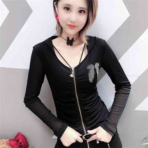 

korean diamonds hooded tshirt autumn winter long sleeve back clothes shirt camiseta mujer backing t98105 210421, Black;gray
