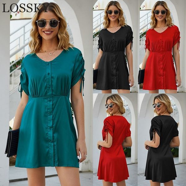 

vintage button tunic women red green shirt dress v neck short sleeve summer dresses casual korean vestidos 210520, Black;gray
