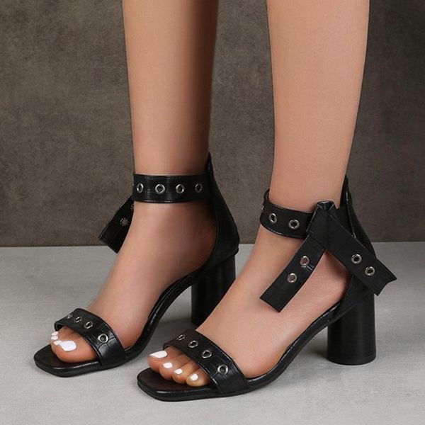 

sandals rimocy vogue block heels for women high metal circle gladiator ankle strap open toe summer shoes woman, Black